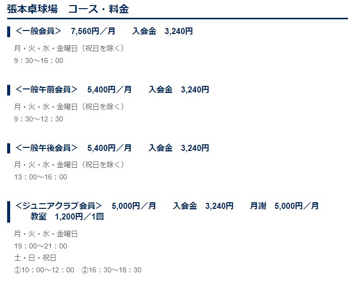張本卓球場の料金